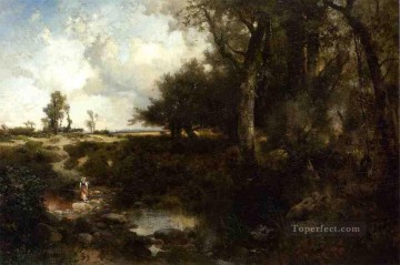 Cruzando el arroyo cerca de Plainfield, Nueva Jersey, Escuela de las Montañas Rocosas, Thomas Moran Pinturas al óleo